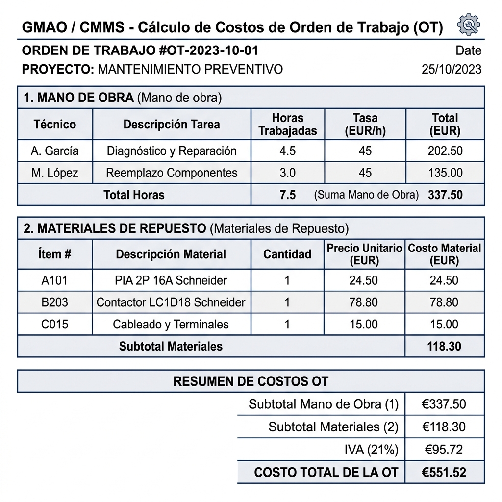 Diagrama de flujo del sistema GMAO que ilustra el cálculo de la mano de obra a 45 euros la hora, materiales de repuesto y coste total de la orden de trabajo.