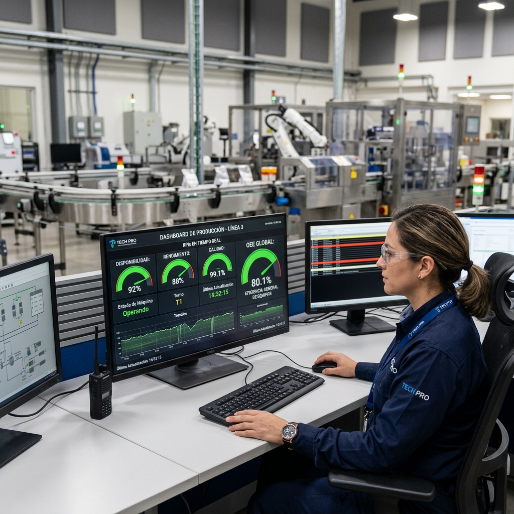 Sala de control industrial con pantalla SCADA mostrando indicadores de OEE interactivos con Disponibilidad, Rendimiento y Calidad.
