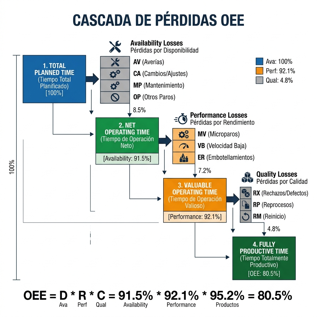 Diagrama vectorial de la cascada de pérdidas del OEE, reduciendo el Tiempo Planificado Total a Tiempo Totalmente Productivo.