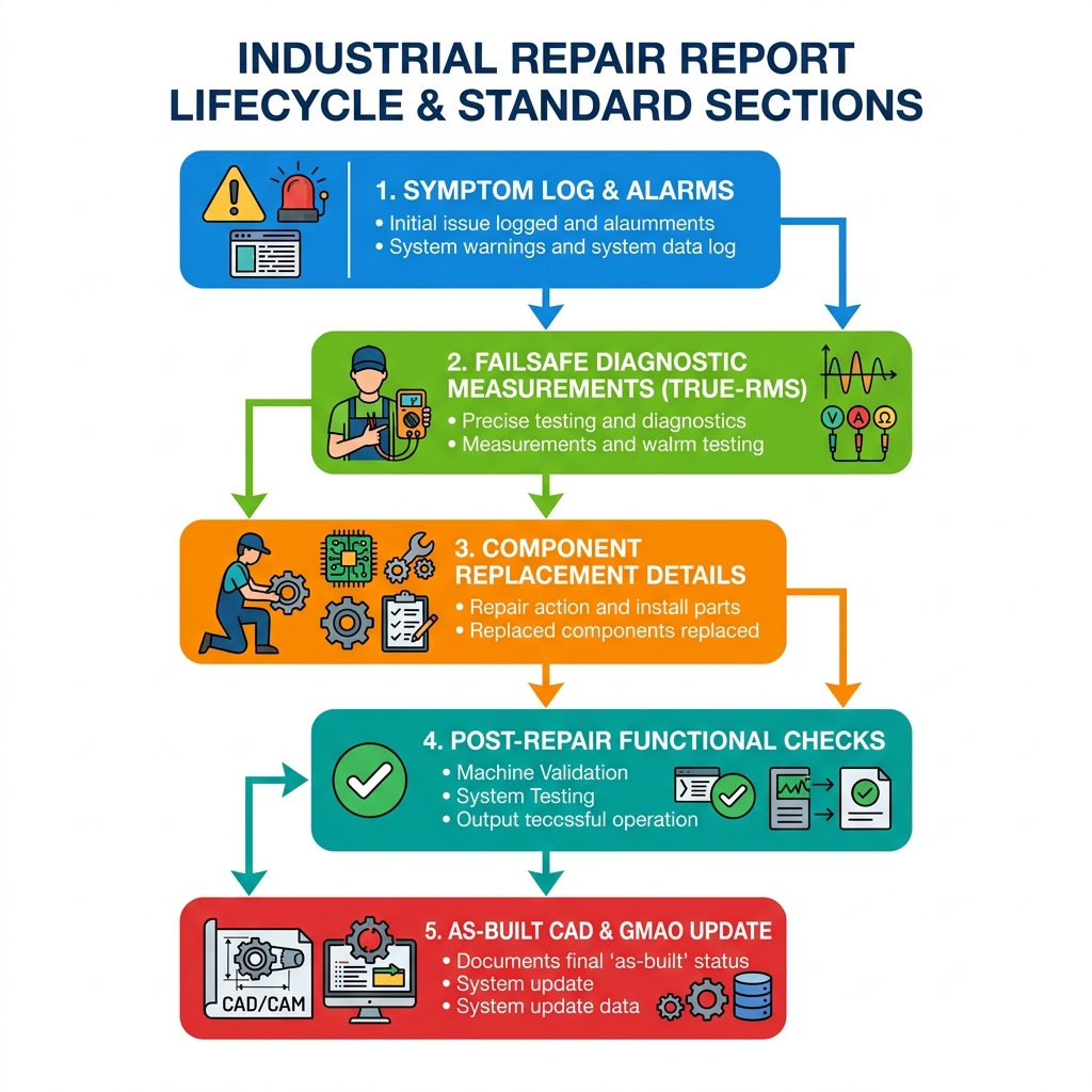 Flujograma que ilustra el ciclo de vida de un informe de reparación industrial, desde el registro de síntomas hasta la actualización en el GMAO.