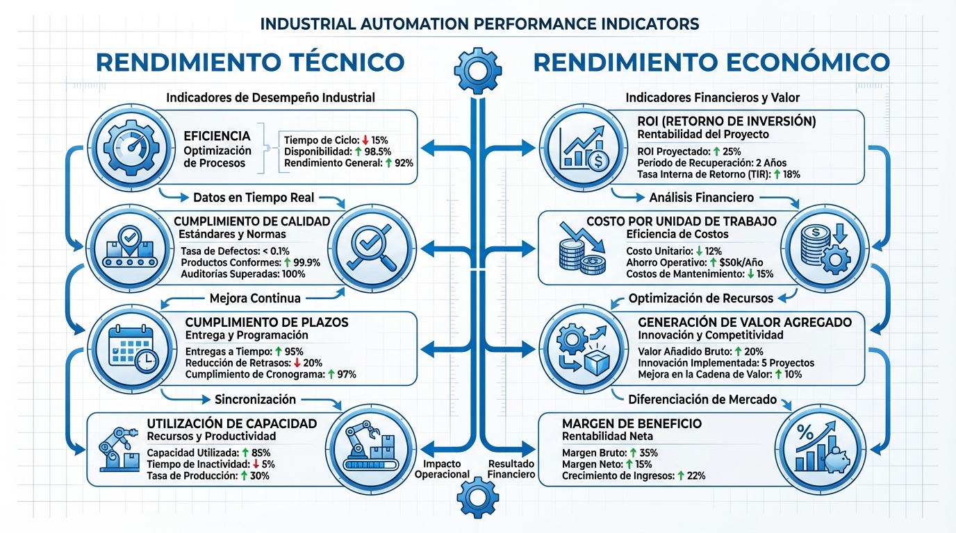 Diagrama comparativo mostrando indicadores de rendimiento técnico y económico en un proyecto de automatización