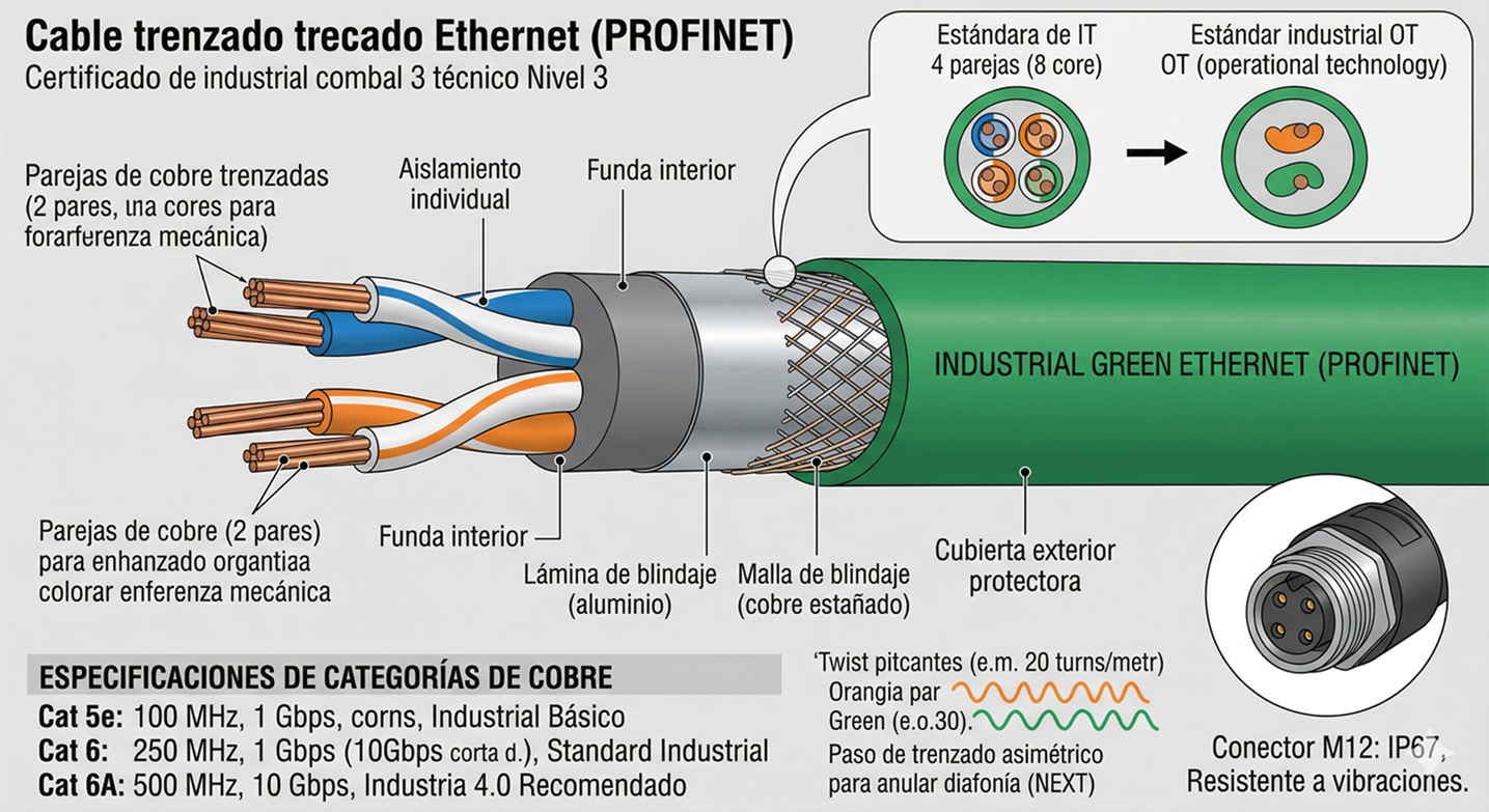 Ilustración técnica de cable de par trenzado industrial y categorías de cobre