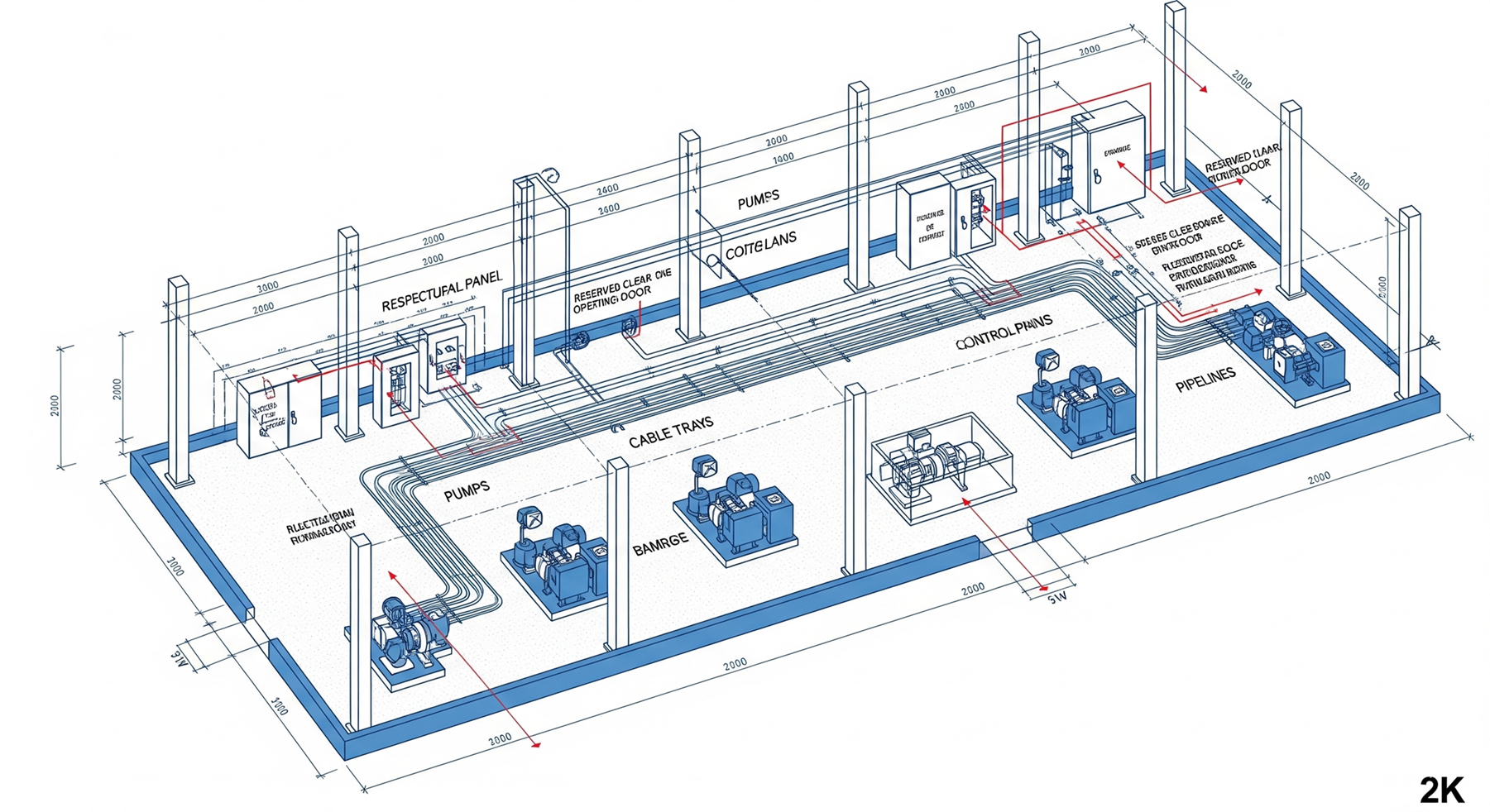 Layout de una estación de control de bombeo. Se observa la disposición de equipos, el respeto a las columnas estructurales, las rutas de canalización y la reserva de espacio para apertura de cuadros eléctricos según normativa de seguridad y mantenimiento.