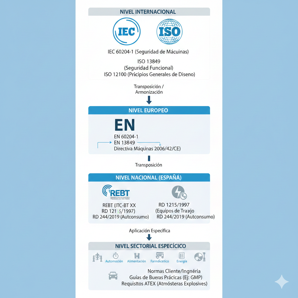 Diagrama jerárquico de normativa aplicable a proyectos de automatización: nivel internacional (IEC, ISO), nivel europeo (EN), nivel nacional (REBT, RD), y nivel sectorial específico. Mostrar relaciones de transposición y aplicabilidad.