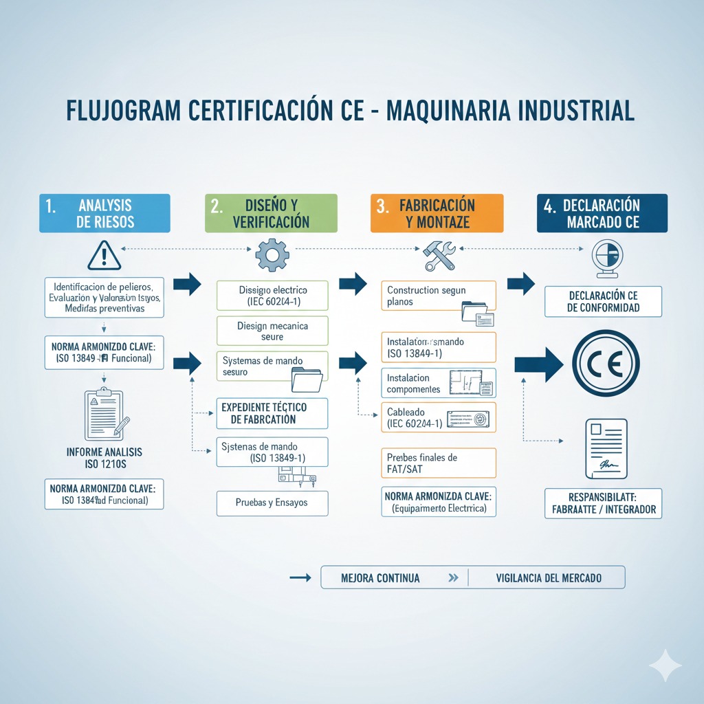 Flujograma del proceso de certificación CE completo: desde el análisis de riesgos inicial hasta la colocación del marcado CE. Mostrar documentos generados en cada etapa (análisis de riesgos, expediente técnico, declaración CE), relaciones con normas armonizadas (IEC 60204-1, ISO 13849-1), y responsabilidades del fabricante/integrador.