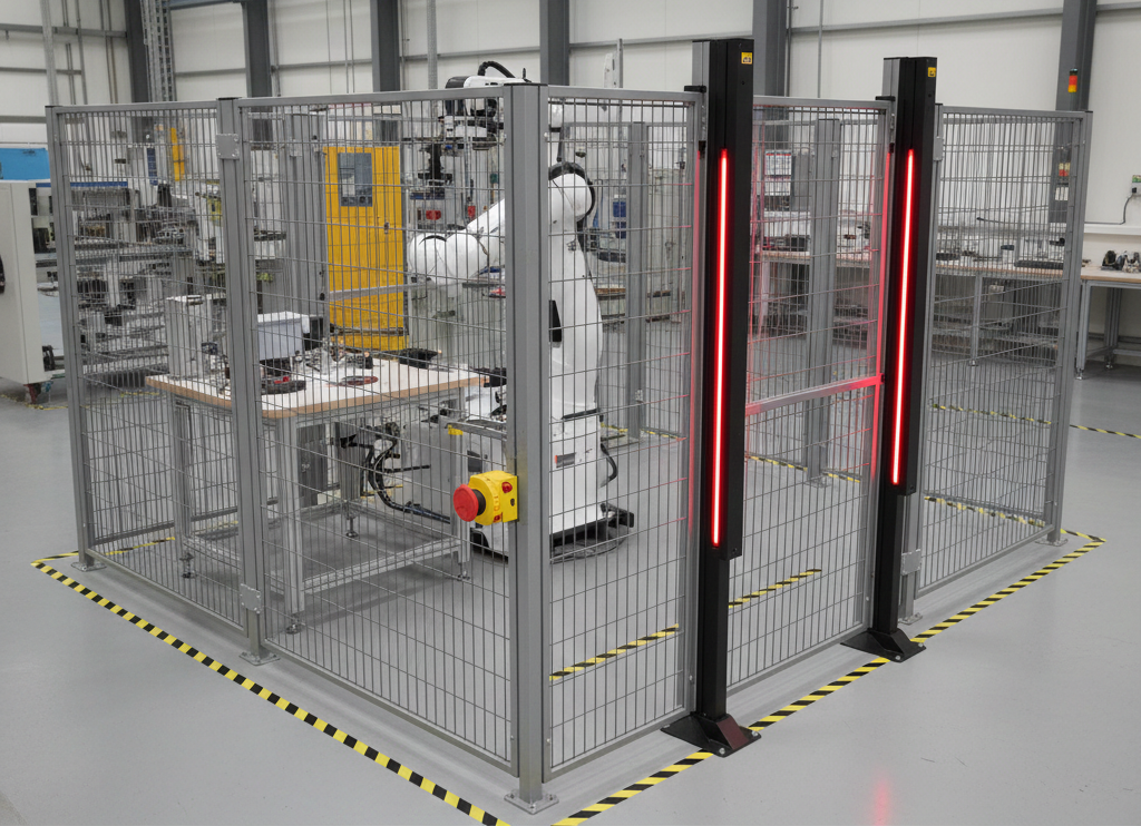 Fotografía de una celda robotizada industrial real mostrando las medidas de seguridad implementadas: vallado perimetral con puerta de enclavamiento, pulsadores de parada de emergencia (rojos/amarillos), cortinas fotoeléctricas visibles, señalización de advertencia y pictogramas de seguridad. En el interior se ve un robot colaborativo trabajando cerca de una zona con marcas en el suelo que delimitan el espacio compartido.