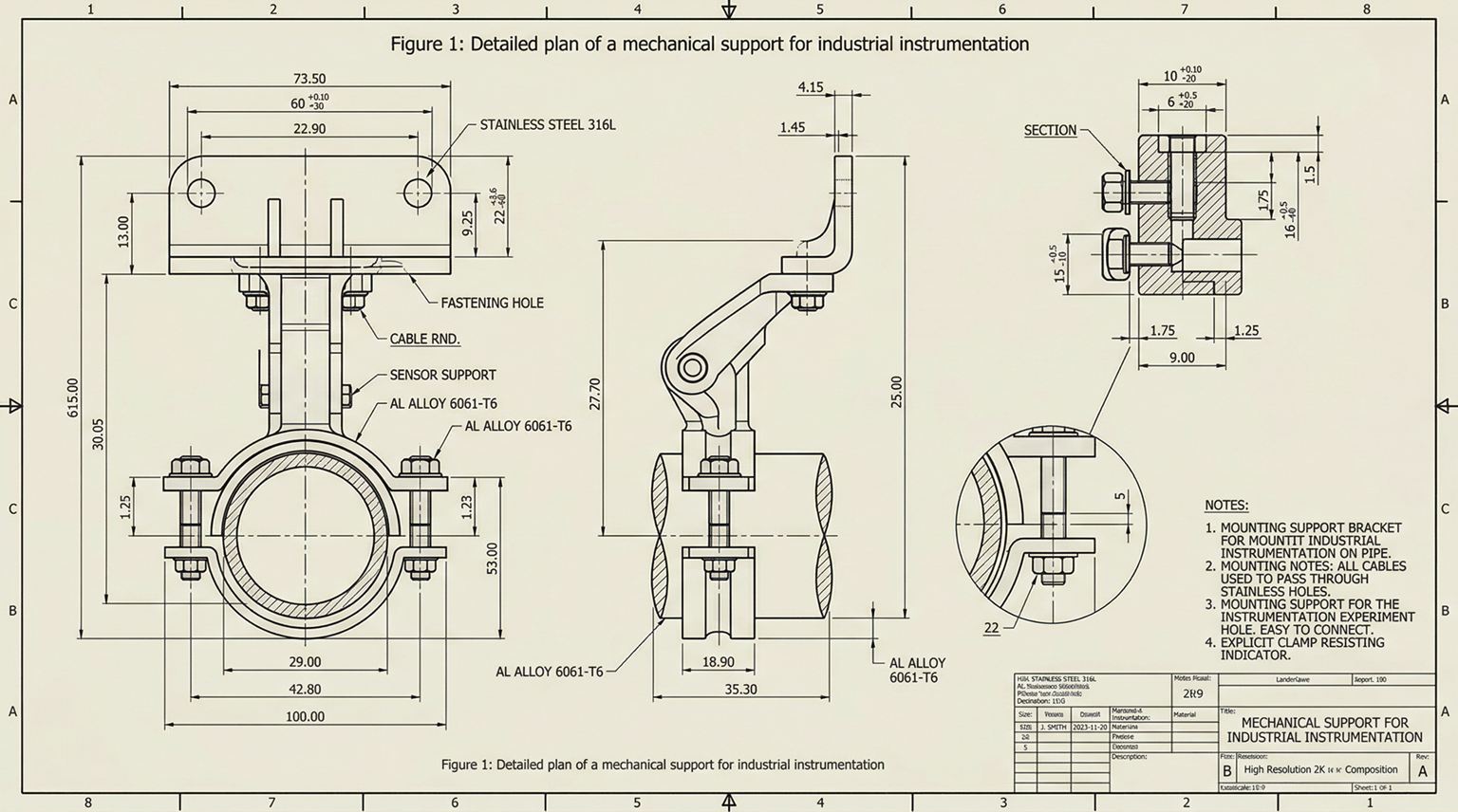 Plano de detalle de un soporte mecánico para instrumentación industrial. Se especifican vistas (alzado, planta, perfil), dimensiones, materiales (Acero Inoxidable AISI 304), tolerancias y notas de montaje esenciales para la fabricación y ejecución.