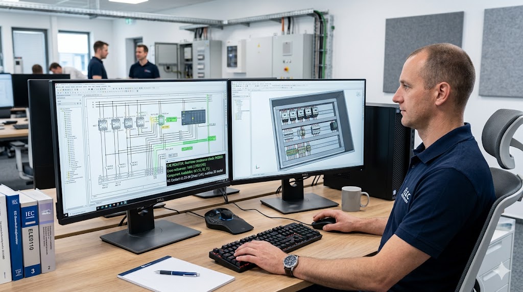 Representación de un entorno CAE profesional. A diferencia del dibujo tradicional, el software supervisa en tiempo real la coherencia de los datos, las referencias cruzadas y la disponibilidad de los contactos físicos del componente.