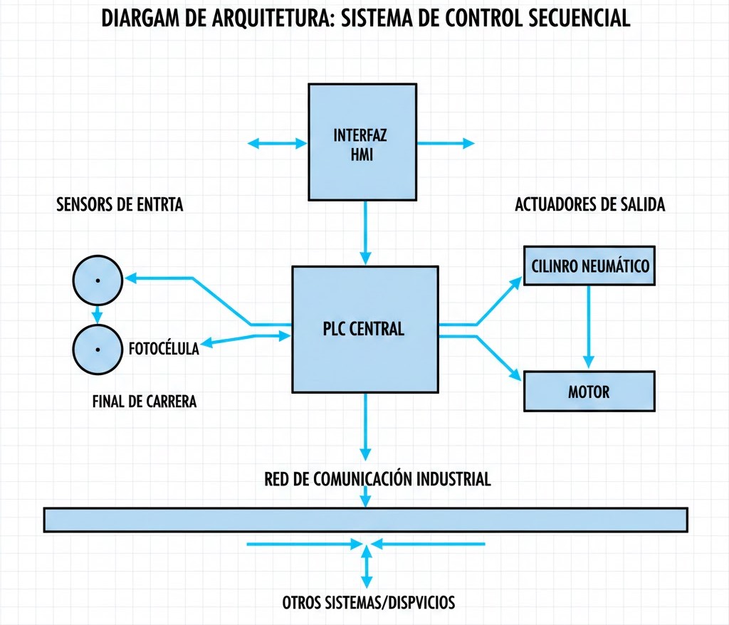 Diagrama de arquitectura de un sistema de control secuencial típico mostrando: PLC central, sensores de entrada (fotocélulas, finales de carrera), actuadores de salida (cilindros neumáticos, motores), interfaz HMI, y red de comunicación industrial. Incluir flechas de flujo de datos y señales entre componentes.