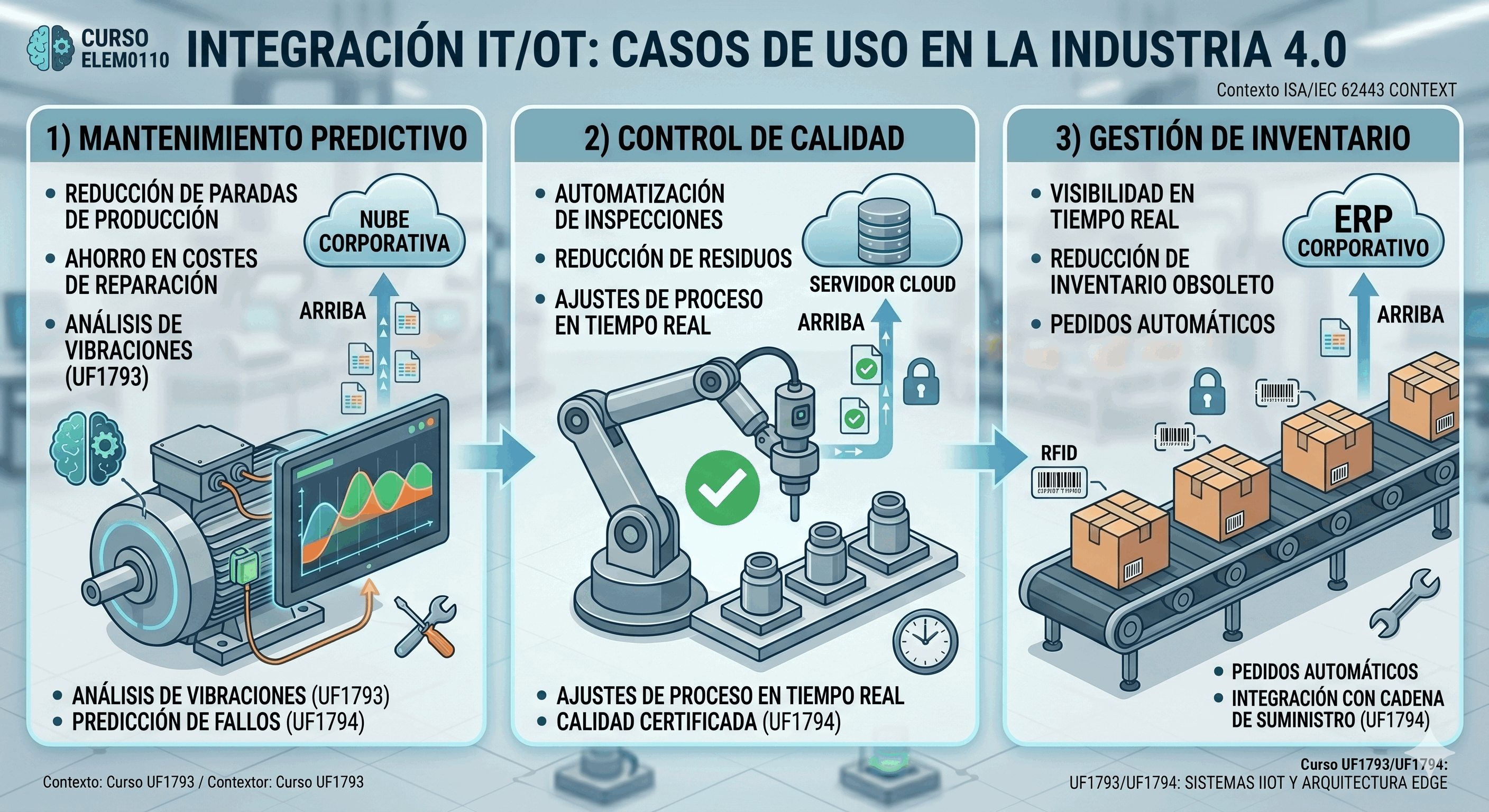 Infografía ilustrando los casos de uso: Mantenimiento Predictivo, Trazabilidad de Calidad y Gestión de Inventario Automática.