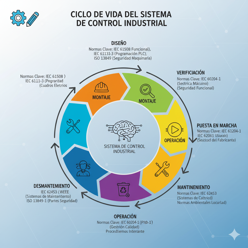 Diagrama de ciclo de vida de un sistema de control industrial mostrando las fases: Diseño, Montaje, Verificación, Puesta en Marcha, Operación, Mantenimiento, y Desmantelamiento. En cada fase, indicar las normas IEC/ISO aplicables clave (ej: IEC 60204-1 en montaje, IEC 61508 en diseño de seguridad).