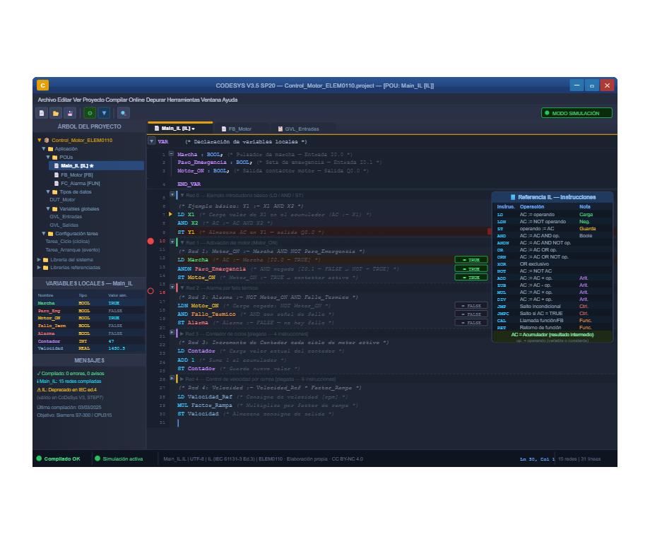 Editor de programación IL en CODESYS con ejemplo de red de contactos: LD X1, AND X2, ST Y1. Se ven marcadores de línea, zona de variables con valores de simulación, breakpoints activos, resaltado de sintaxis y tabla de referencia de instrucciones IL.