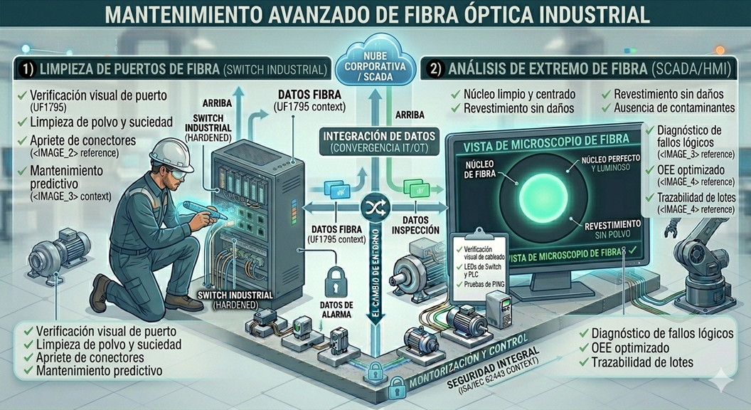 Infografía de un técnico limpiando un conector de fibra y analizando la imagen microscópica.