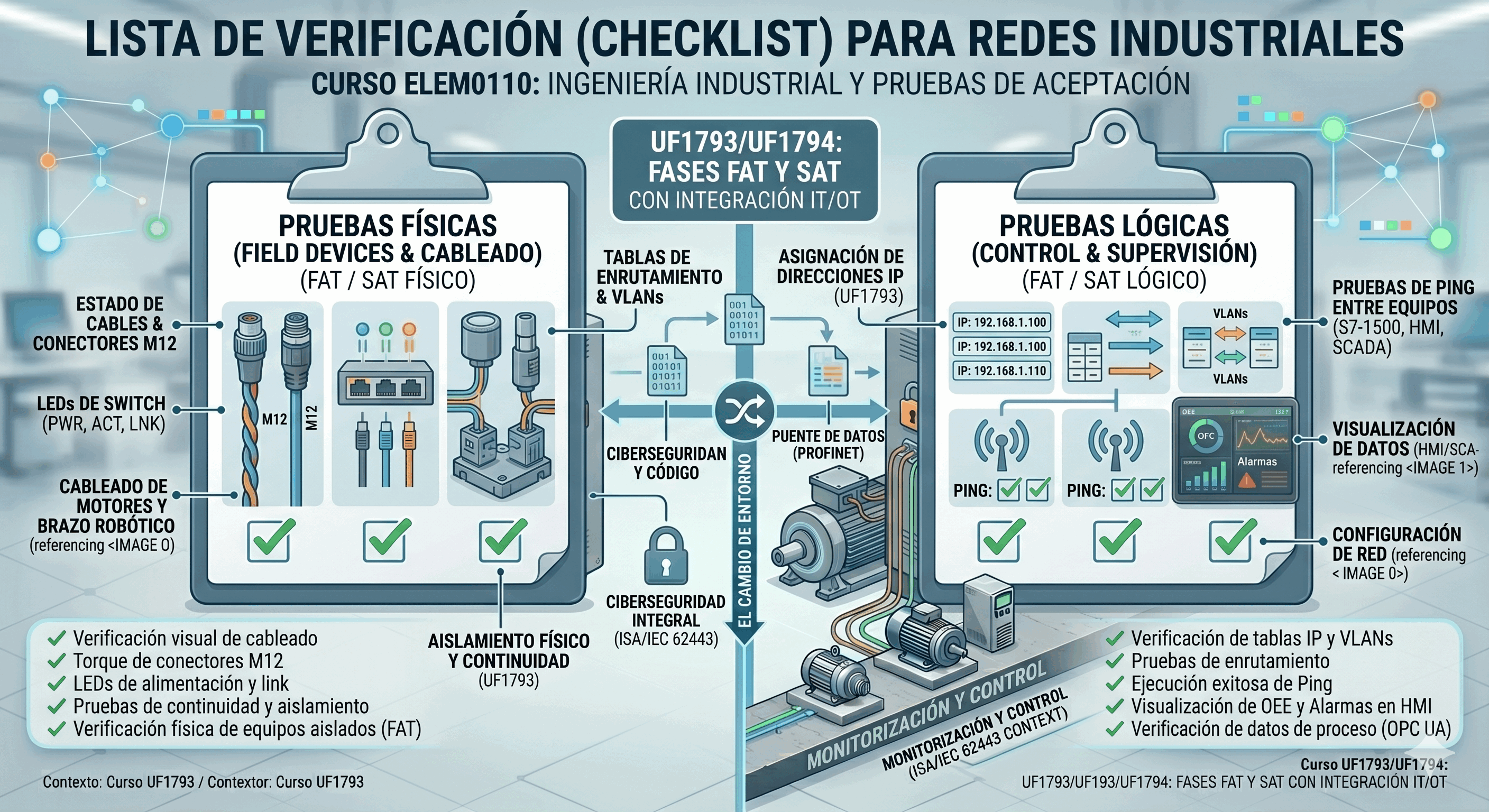 Infografía de un portapapeles con checklist dividida en verificaciones físicas y lógicas.