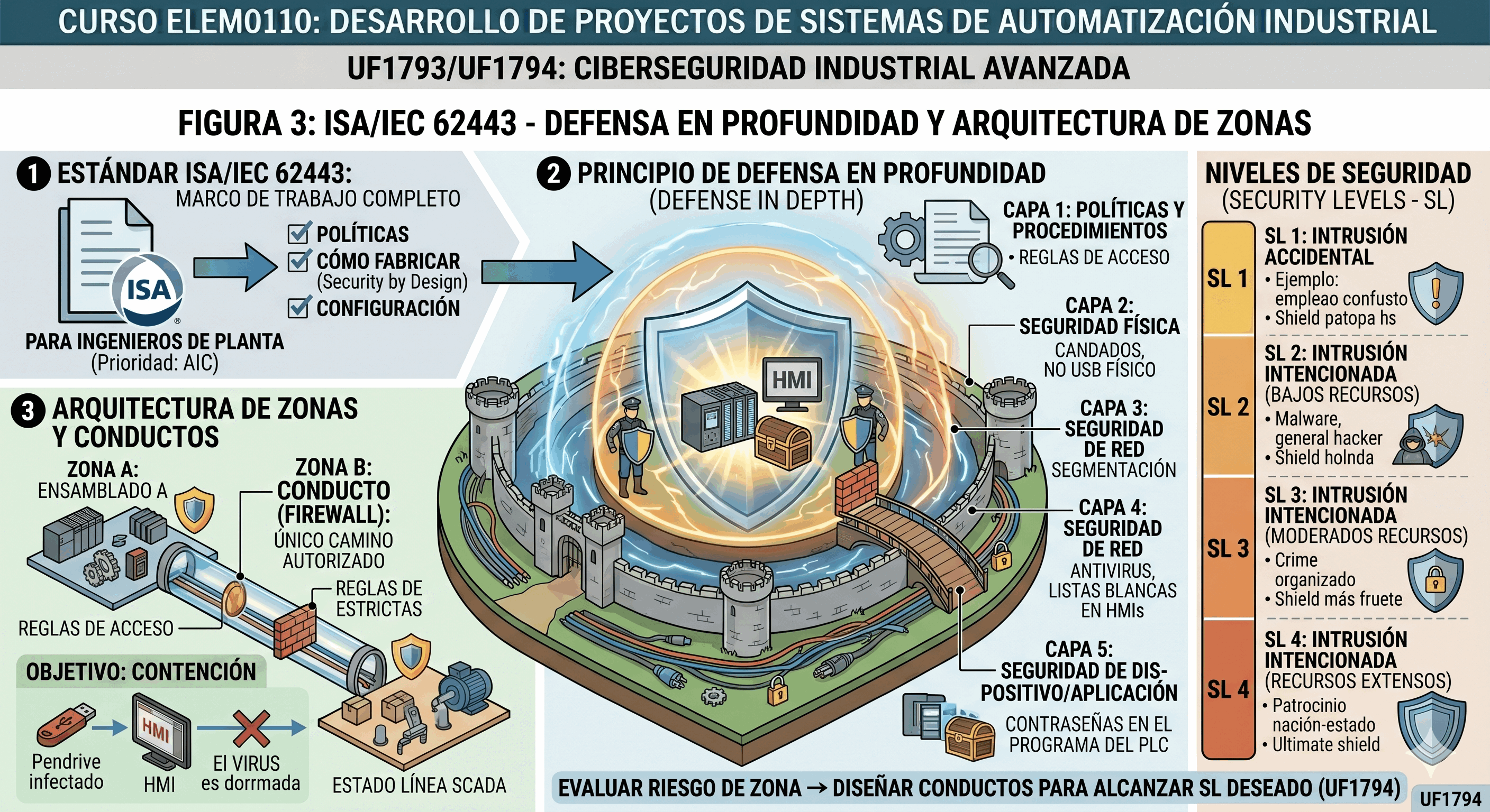 Infografía de la Defensa en Profundidad ilustrada como capas concéntricas de seguridad alrededor de un PLC.