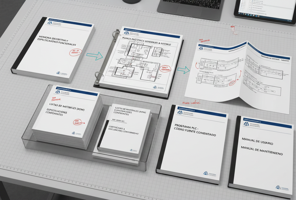 Ejemplo de documentación técnica completa para un proyecto de automatización: mostrar conjunto de documentos organizados (memoria, planos eléctricos, diagramas GRAFCET, listas de materiales, manuales) con anotaciones sobre interrelaciones y flujo de información entre documentos.