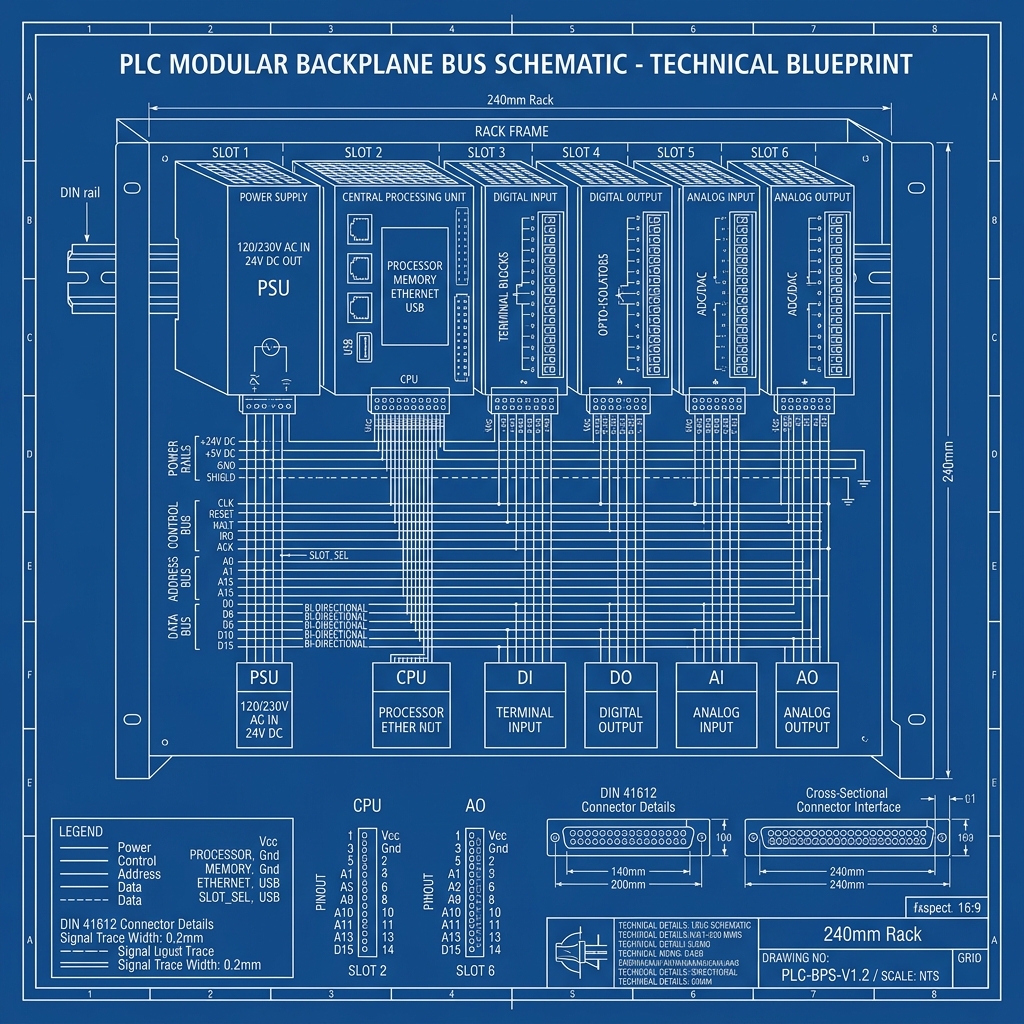 Esquema vectorial y modular de PLC con módulos de entradas