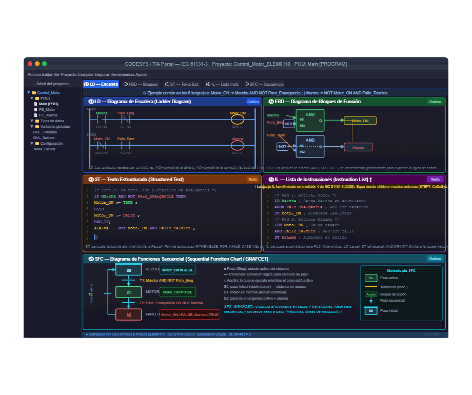 Captura de entorno de programación IEC 61131-3 mostrando los cinco lenguajes: LD (Diagrama de Escalera), FBD (Diagrama de Bloques de Función), ST (Texto Estructurado), IL (Lista de Instrucciones) y SFC (Diagrama de Funciones Secuencial).
