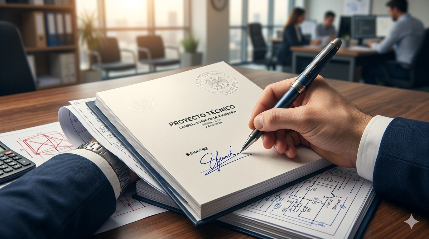 Ingeniero firmando y visando el Proyecto Definitivo encuadernado en su despacho