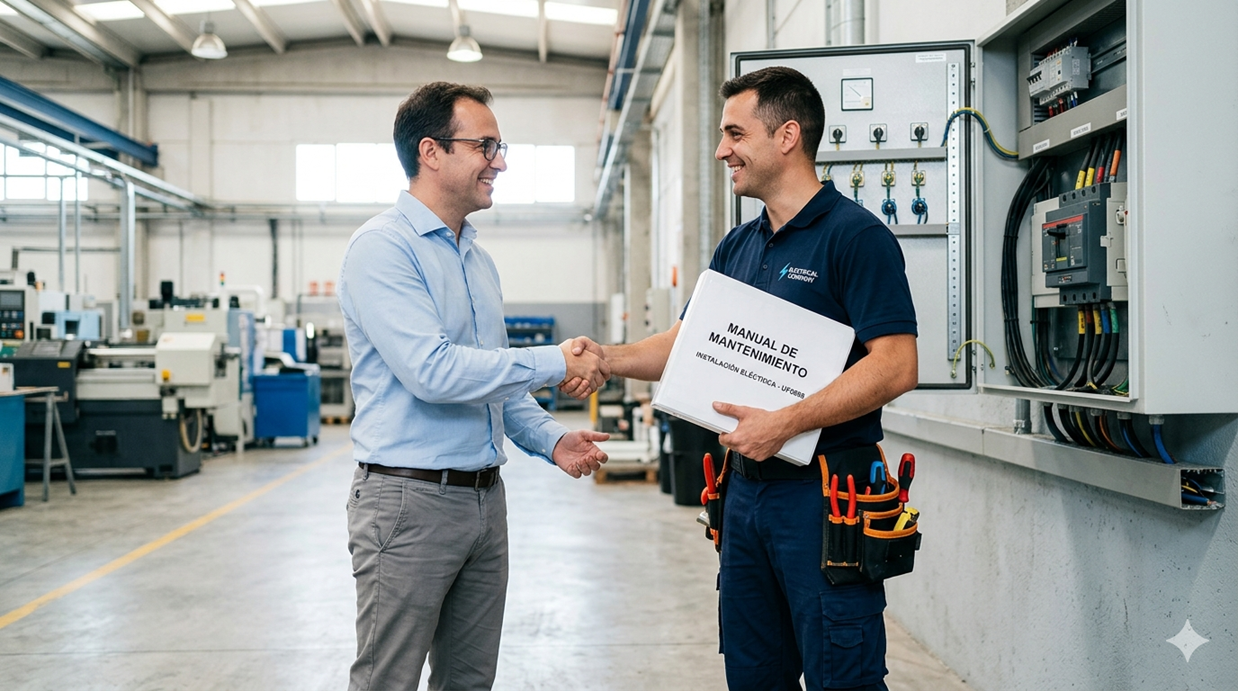 Instalador entregando el Manual de Uso y Mantenimiento al cliente tras finalizar la obra