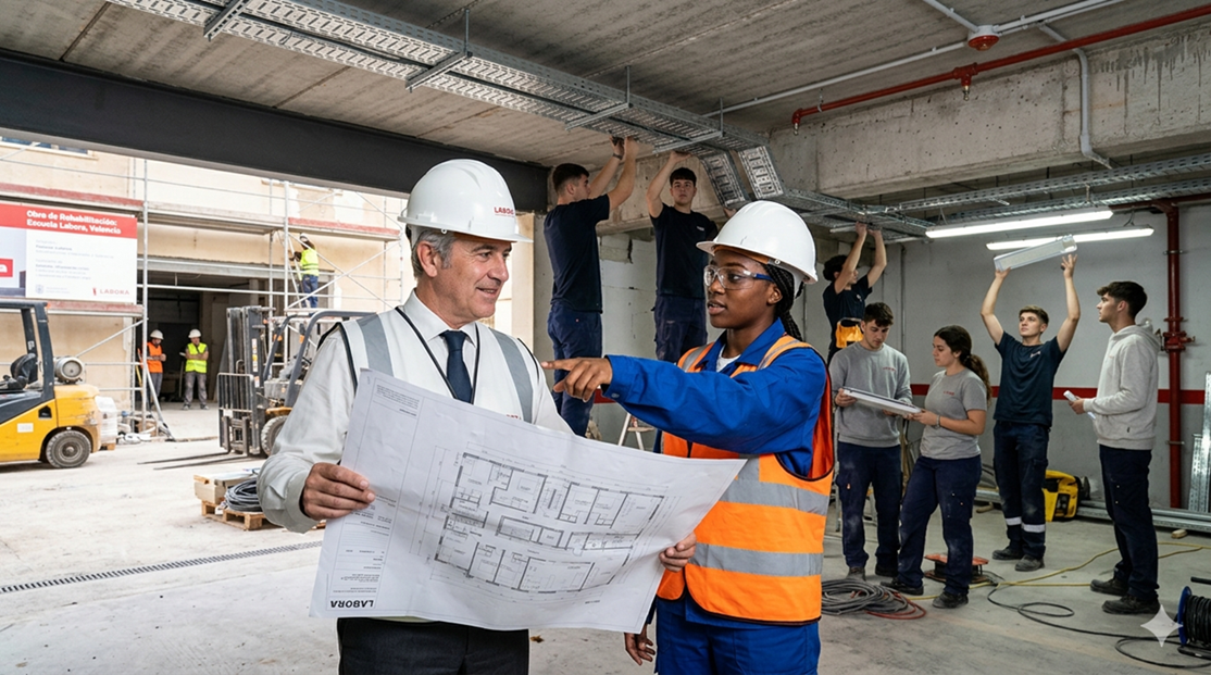 Ingeniero e instalador evaluando un garaje en construcción para determinar requerimientos del REBT