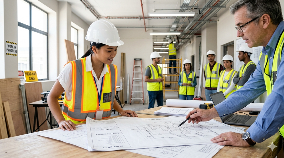 Ingeniero y cliente analizando los requisitos técnicos sobre plano en un local comercial en obras