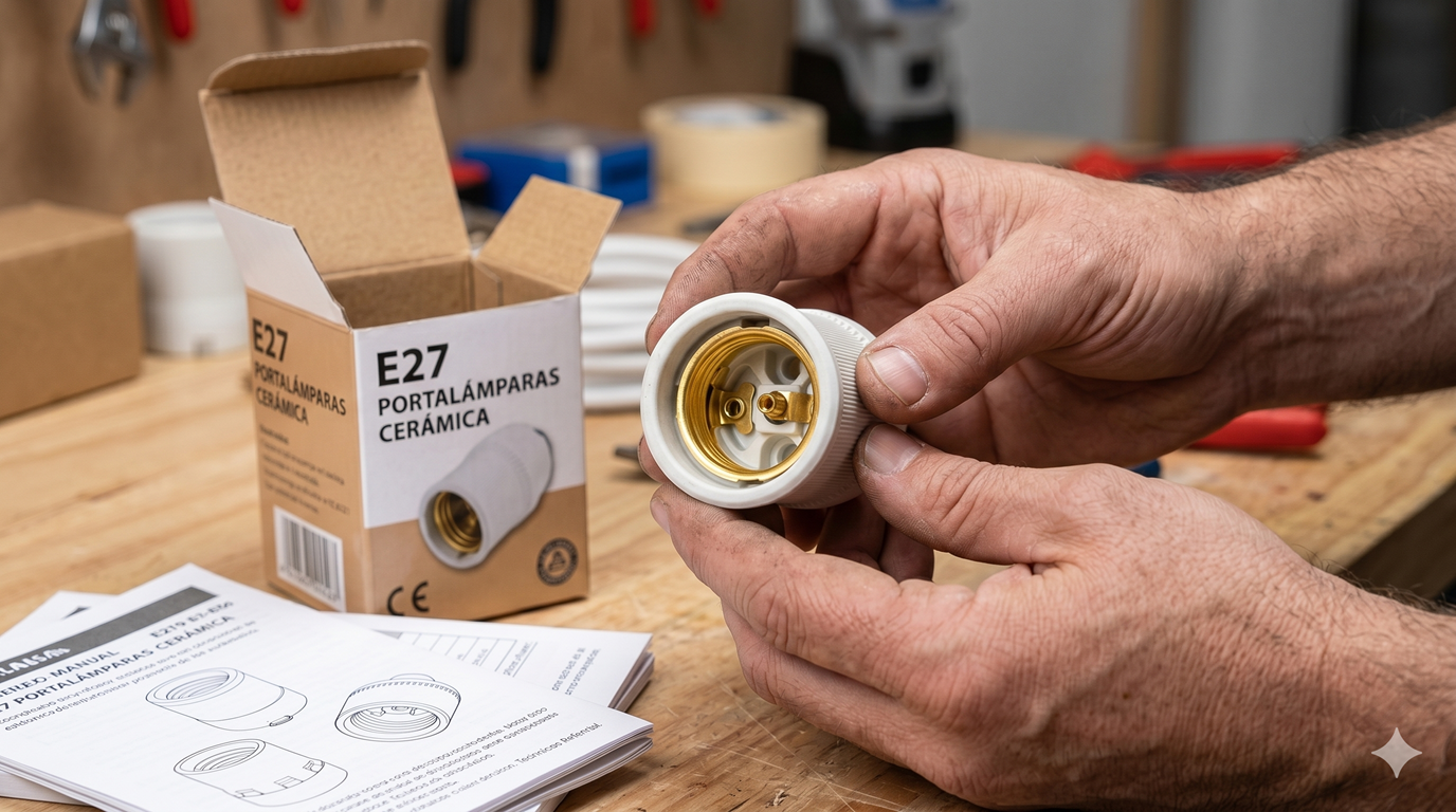 Primer plano de un electricista cableando un portalámparas de cerámica blanco E27