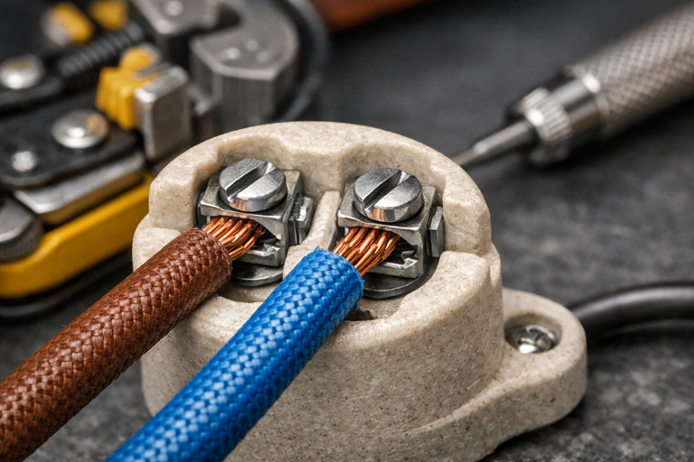 Conexión de cables de alta temperatura recubiertos de fibra de vidrio a un portalámparas cerámico
