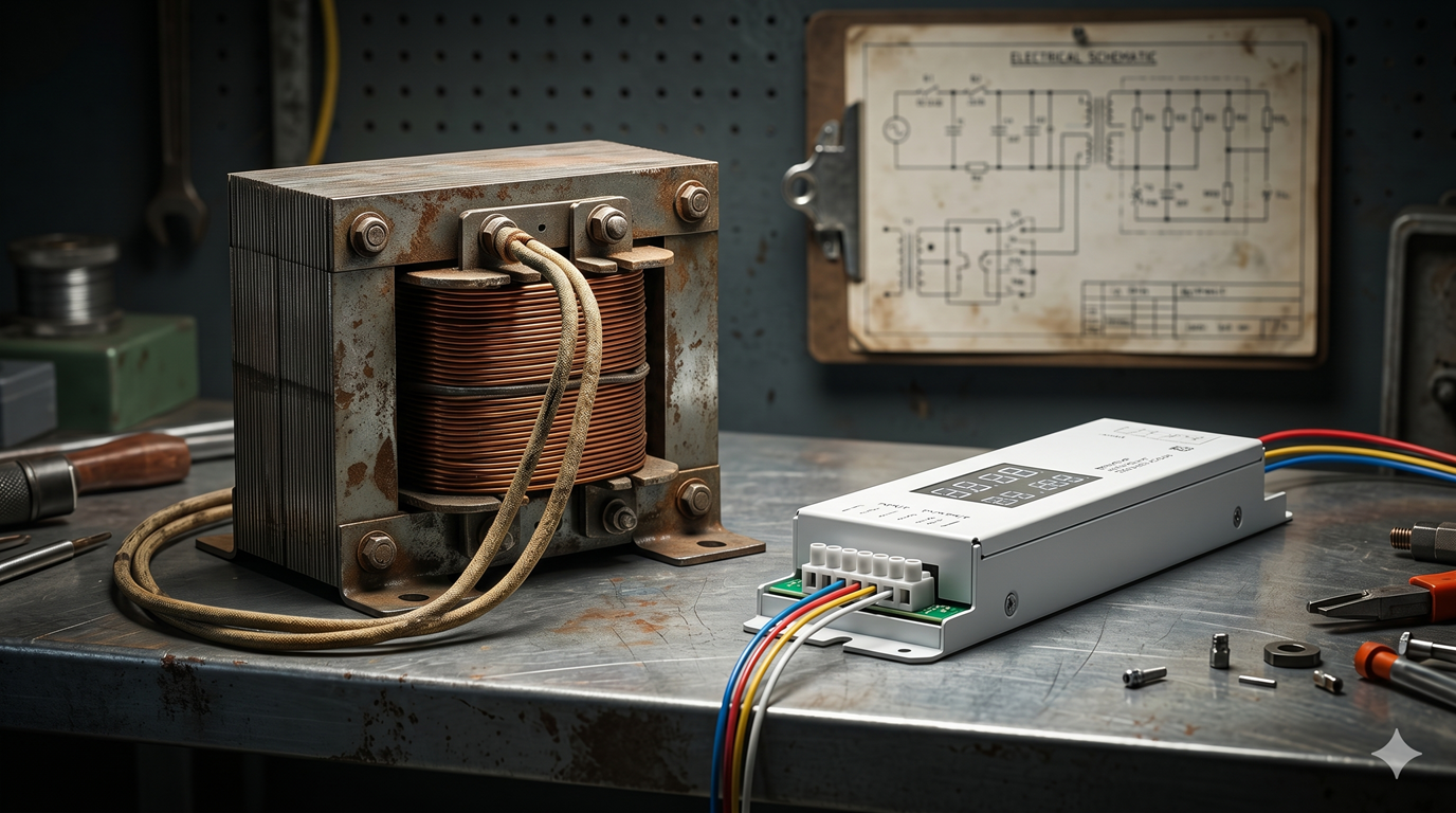 Comparativa entre un balasto electromagnético de cobre y hierro y un balasto electrónico de estado sólido moderno
