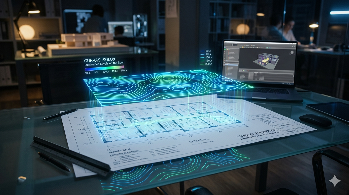 Holograma proyectando curvas Isolux sobre un plano arquitectónico