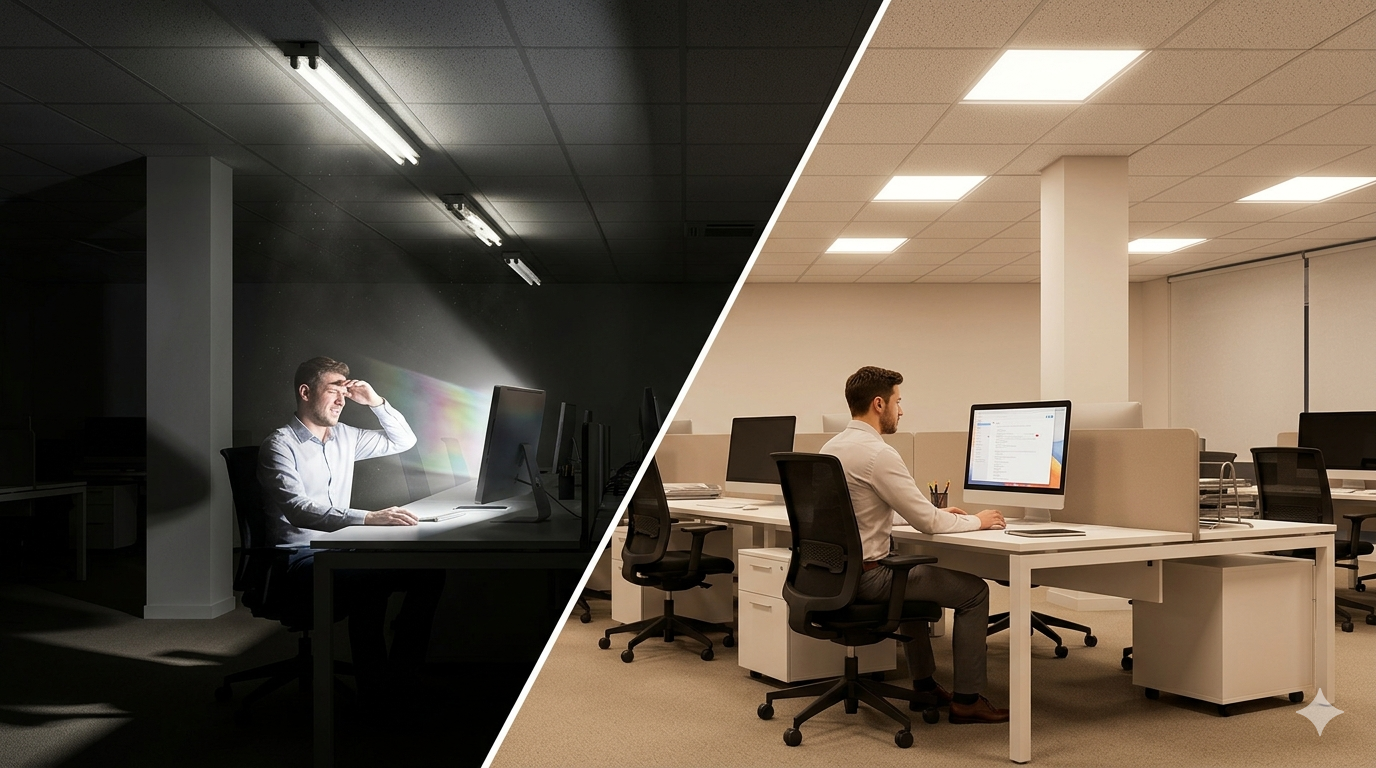 Comparativa visual entre una oficina con deslumbramiento y sombras duras frente a una oficina con alumbrado correcto, uniforme y confortable