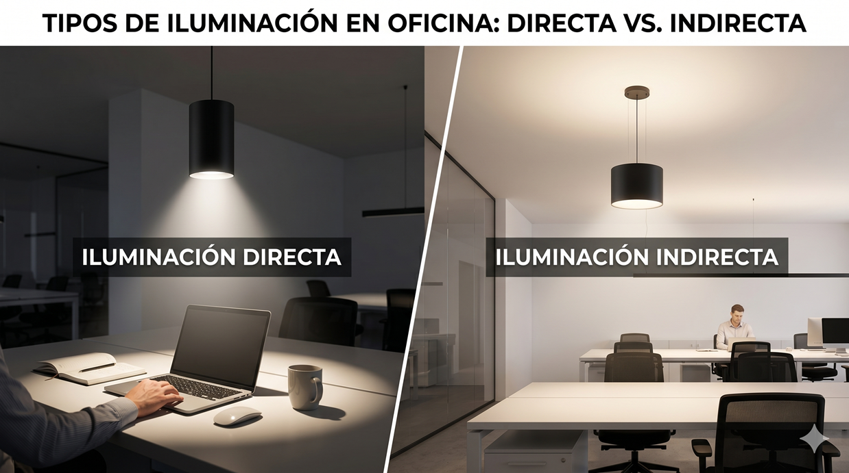 Comparativa visual entre una luminaria de alumbrado directo y una de alumbrado indirecto en un entorno arquitectónico