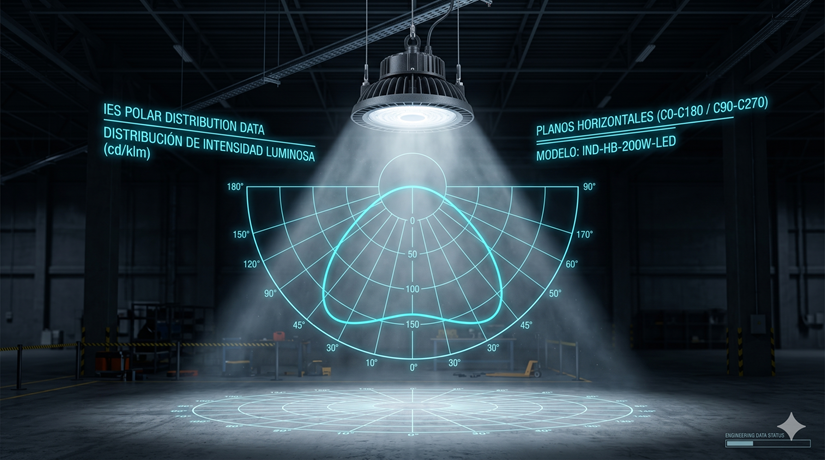 Representación holográfica de un diagrama polar fotométrico superpuesto al haz de luz emitido por una campana industrial LED