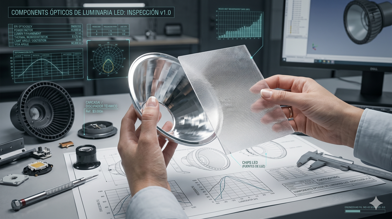 Manos de un ingeniero inspeccionando un reflector de aluminio y un difusor prismático en su mesa de trabajo