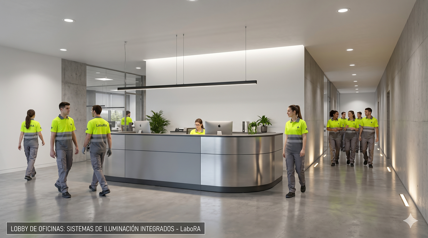 Render de un lobby moderno mostrando downlights empotrados, un perfil suspendido y balizas de suelo