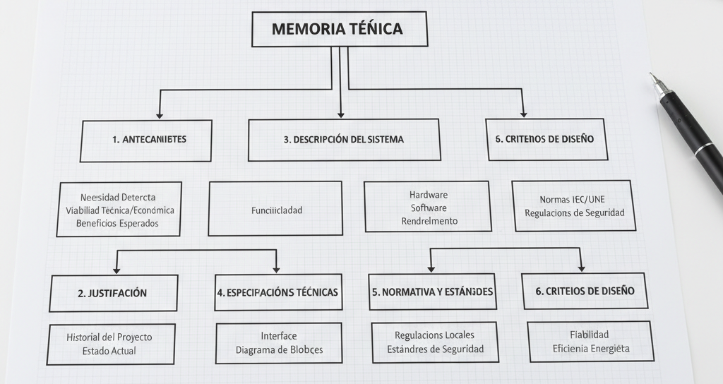 Diagrama de flujo mostrando la estructura jerárquica de una memoria técnica completa con sus 6 secciones principales: antecedentes, justificación, descripción, especificaciones, normativa y criterios de diseño