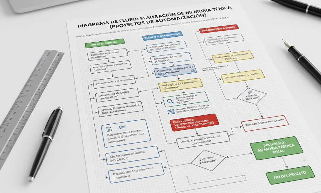 Proceso completo de elaboración y validación de una memoria técnica mostrando flujo de trabajo, responsables, herramientas software y puntos de verificación de calidad