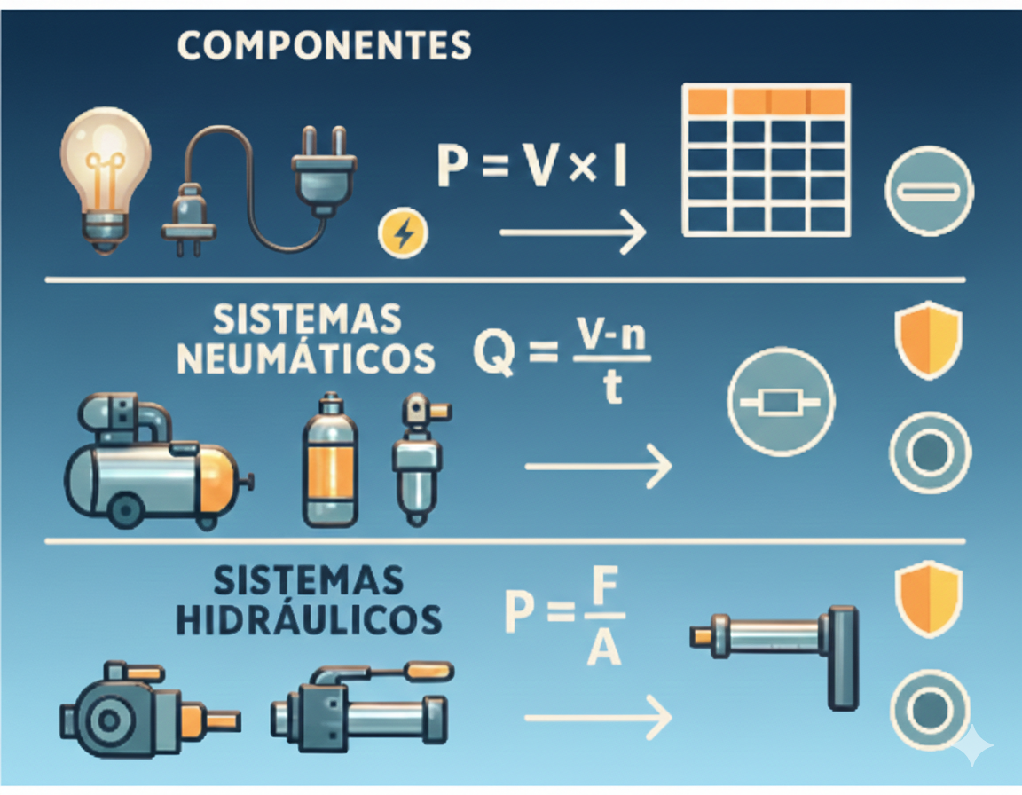 Diagrama de flujo completo del proceso de cálculo técnico en automatización mostrando secuencia: análisis de requerimientos, cálculo eléctrico, cálculo neumático, cálculo hidráulico, verificación de seguridad y validación de resultados