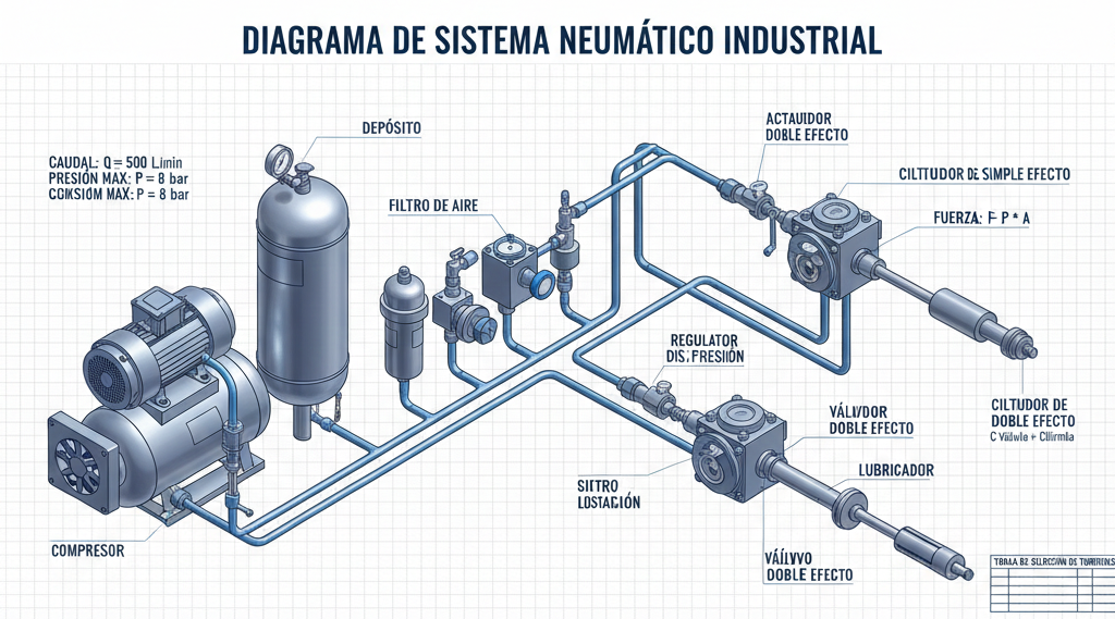 Diagrama completo de sistema neumático industrial mostrando componentes: compresor, depósito, filtros, reguladores, lubricadores, válvulas distribuidoras y actuadores con cálculos de caudal y presión