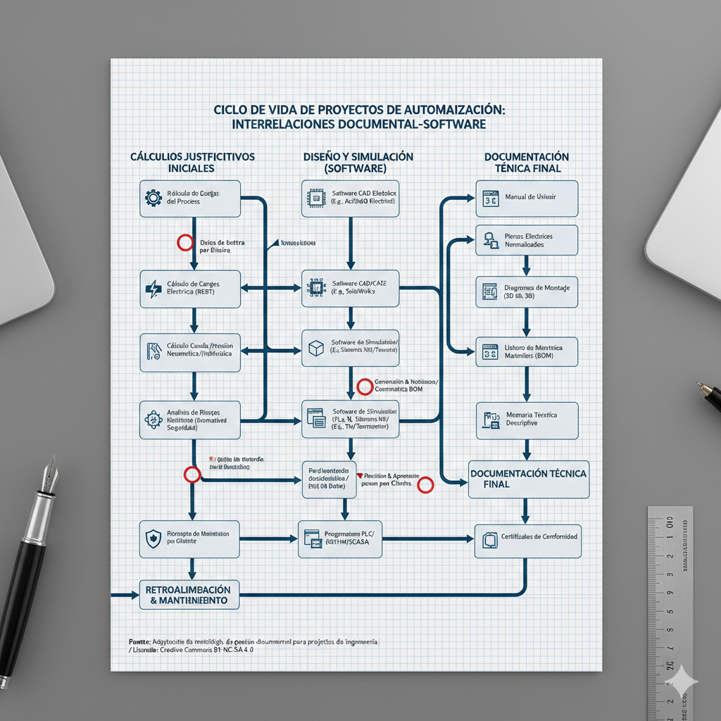 Diagrama de flujo completo mostrando las interrelaciones entre cálculos justificativos, software de simulación/diseño y manuales técnicos en el ciclo de vida de proyectos de automatización