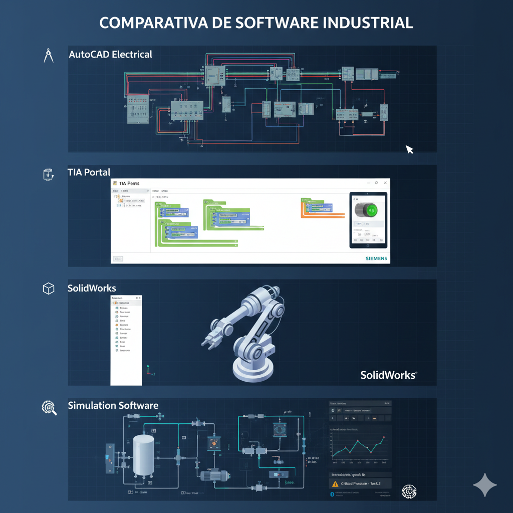 Comparativa visual de diferentes software profesionales para automatización: AutoCAD Electrical para planos, TIA Portal para programación PLC, SolidWorks para diseño 3D, y software de simulación de procesos