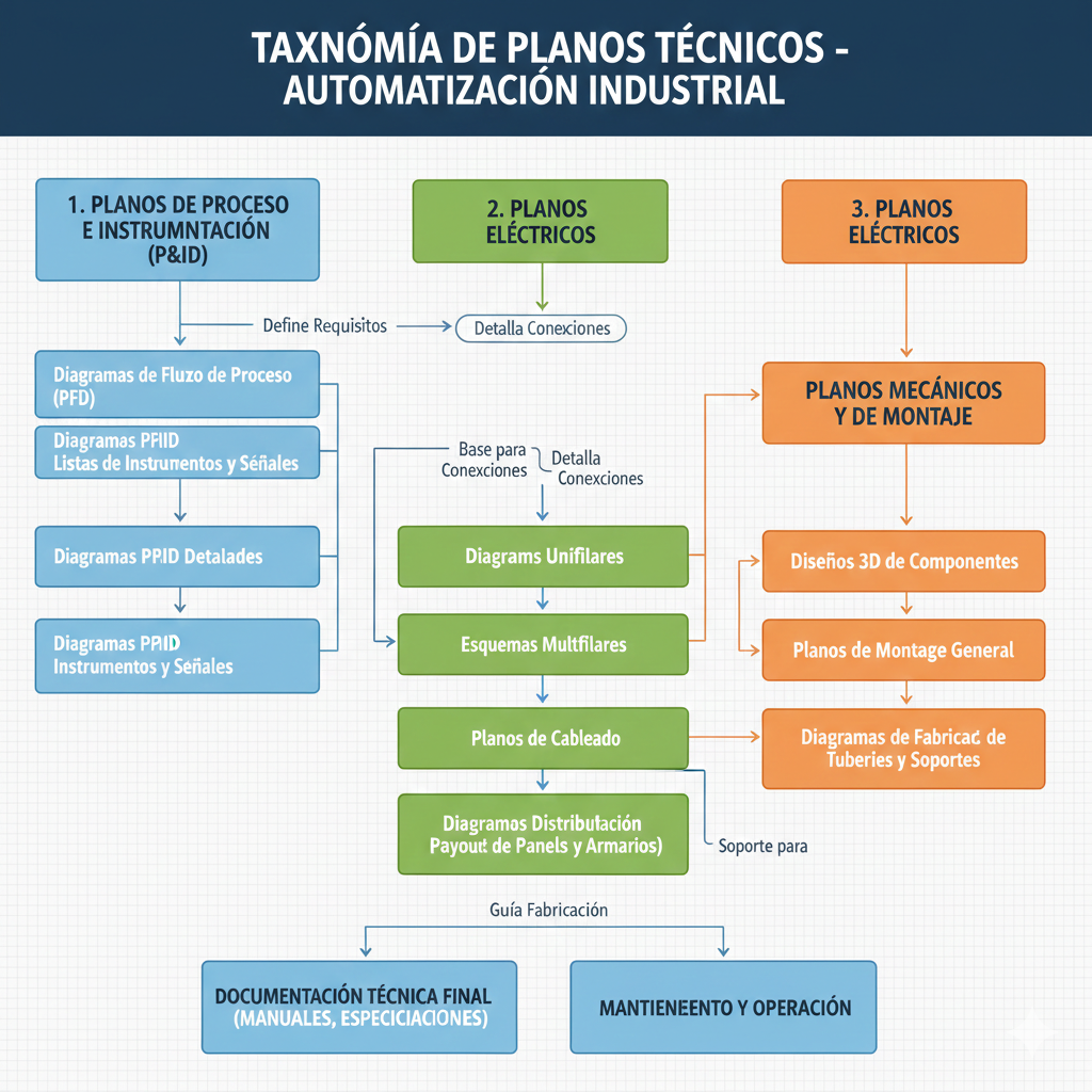 Diagrama de clasificación jerárquica de planos técnicos en automatización industrial mostrando relaciones entre esquemas eléctricos, neumáticos, planos de implantación, layout y planos de detalle