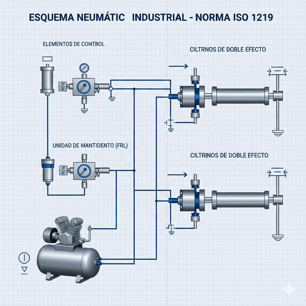 Esquema neumático completo mostrando compresor, unidad de mantenimiento, válvulas direccionales, cilindros de doble efecto y elementos de control según norma ISO 1219
