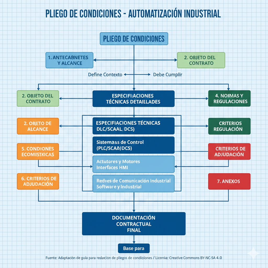 Estructura jerárquica de un pliego de condiciones típico, mostrando la interrelación entre cláusulas administrativas, técnicas, normas de ejecución y anexos. Se debe mostrar un diagrama de flujo con iconos representativos (ley, engranaje, planos, checklist).