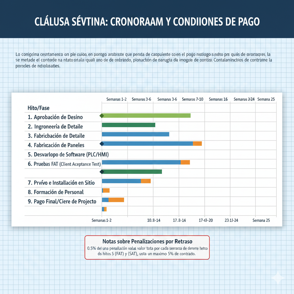 Diagrama de Gantt detallado integrado en una cláusula administrativa, mostrando hitos como 'Aprobación de diseño', 'Entrega de FAT', 'Instalación en sitio', 'SAT' y 'Pago final'. Incluir notas sobre penalizaciones por retraso.