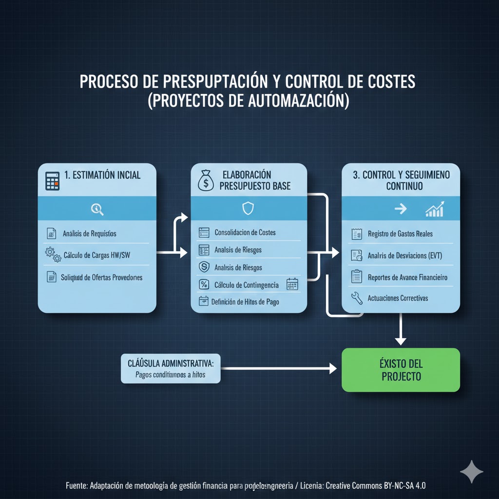 Diagrama de flujo del proceso de presupuestación en automatización industrial, mostrando desde el análisis de requisitos hasta el presupuesto final con control de desviaciones.