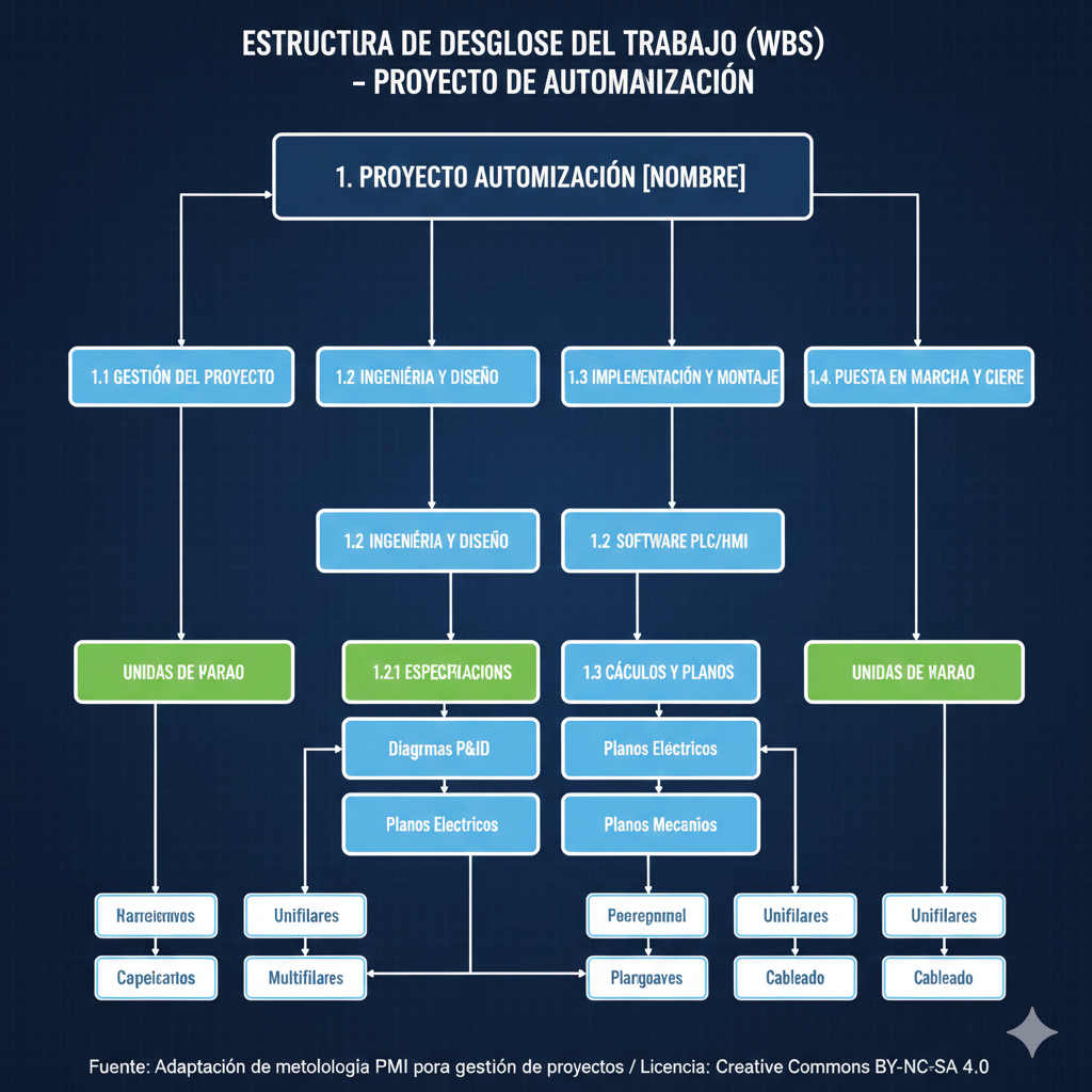 Estructura jerárquica de desglose de partidas (WBS - Work Breakdown Structure) para un proyecto de automatización de una línea de ensamblado. Mostrar niveles: Proyecto > Fases (Diseño, Hardware, Software, Instalación) > Partidas (Cableado, Sensores, PLC, HMI) > Unidades de obra.