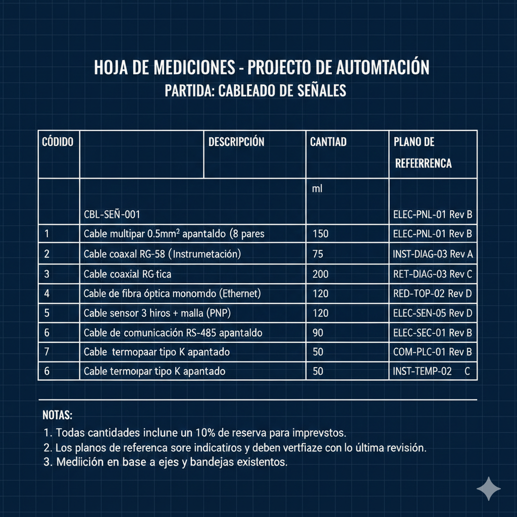 Hoja de mediciones detallada para la partida 'Cableado de Señales'. Mostrar columnas: Código, Descripción (Ej: Cable multipar 0.5mm² apantallado), Unidad (ml), Cantidad, Plano de Referencia