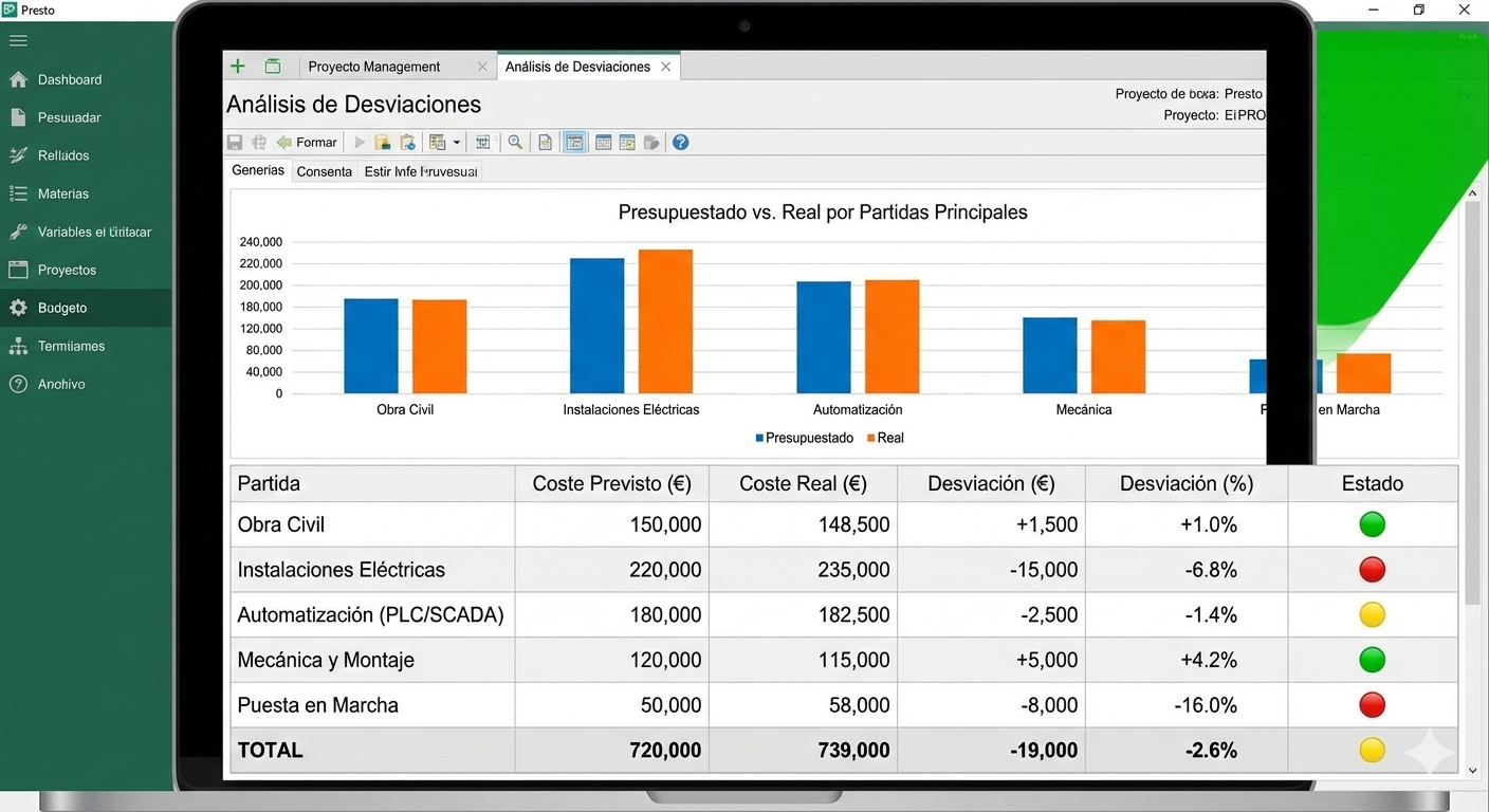 Pantalla de software de presupuestos (ej: Presto) mostrando la vista de análisis de desviaciones. Gráfico de barras comparando 'Presupuestado' vs 'Real' por partidas principales. Tabla con columnas: Partida, Coste Previsto, Coste Real, Desviación (€), Desviación (%), Estado (Verde/Amarillo/Rojo).