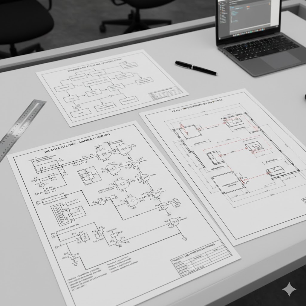 Conjunto de planos técnicos estandarizados mostrando diagrama eléctrico según IEC 60617, plano de implantación industrial y diagrama de flujo del proceso con notación GRAFCET